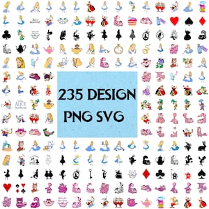 May include: A collection of 235 Alice in Wonderland-themed designs in PNG and SVG formats. The designs include illustrations of Alice, the Mad Hatter, the Cheshire Cat, playing cards, and other iconic characters and elements from the story.