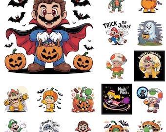 Op de afbeelding: Een verzameling Halloween-thema cartoon illustraties. Mario is verkleed als vampier met een pompoenmand. Andere personages zijn een spook, Bowser en Toad. Vleermuizen en pompoenen zijn ook afgebeeld.