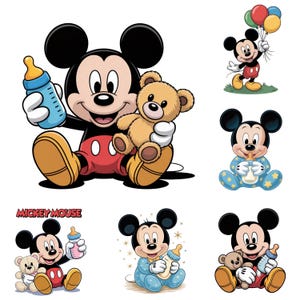 Baby Mickey with Bottle Png, Blue Pajamas Mickey Clipart for Baby Shower Invitations, Nursery Wall Art Digital Download