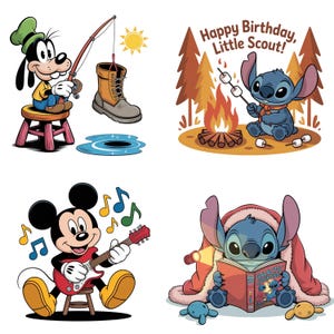 Camping Stitch Birthday Png, Mickey Guitar Clipart, Goofy Fishing Cartoon Art, Cute Printable Png for Kids Decor, Digital Download