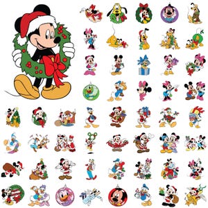 May include: A collection of Christmas-themed Mickey Mouse and friends illustrations. Mickey Mouse is featured prominently, wearing a Santa hat and holding a wreath. Other characters include Minnie Mouse, Donald Duck, and Pluto, in festive holiday attire.
