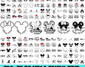 May include: A collection of black and white Disney-themed SVG files. Designs include Mickey Mouse ears, bows, and text such as "Disney 2026", "Family Vacation", and "Disney Squad". The image also includes the text "700+ FILES MEGA FAMILY TRIP SVG BUNDLE".