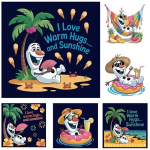 Puede incluir: Una colección de ilustraciones de dibujos animados con Olaf de Frozen disfrutando de actividades de verano. Olaf se muestra relajándose en una playa, en una hamaca y en una piscina con una bebida. El texto dice "I Love Warm Hugs... and Sunshine."