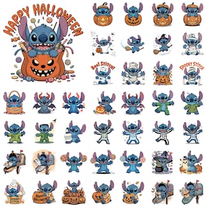 Puede incluir: Una colección de diseños de personajes de Stitch con temática de Halloween. Los diseños presentan a Stitch con varios disfraces, incluyendo una calabaza, una momia y un esqueleto. La frase "Happy Halloween" se muestra en naranja.