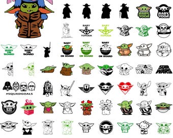 May include: A collection of various stickers and decals featuring characters from Star Wars and Disney's Lilo & Stitch. Designs include Baby Yoda, Yoda, Stitch, and Star Wars logos. The stickers are in various colors and styles.