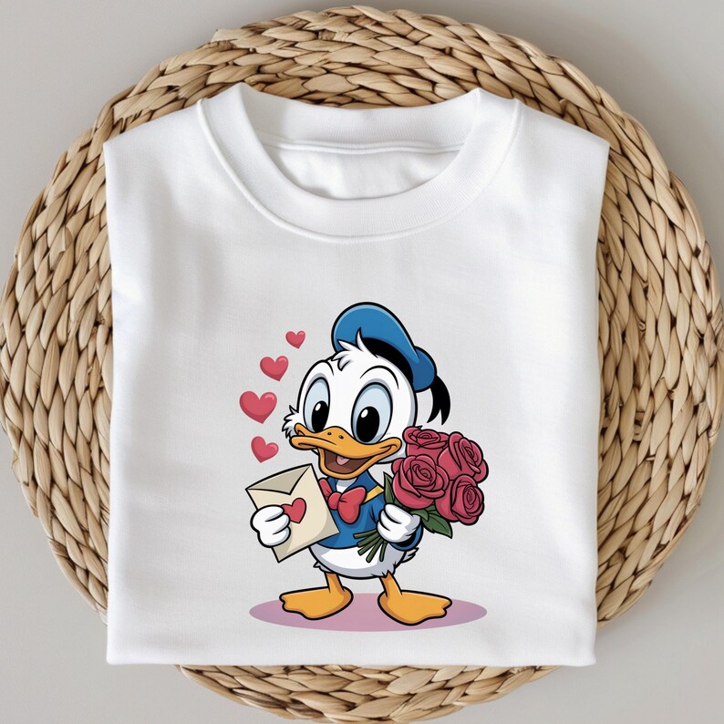 May include: White sweatshirt featuring a cartoon image of Donald Duck holding a bouquet of red roses and an envelope with a heart. Donald Duck is wearing a blue sailor hat and bow tie. Pink hearts float above him. The sweatshirt is folded on a woven basket.