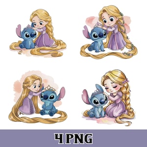 May include: Four PNG images featuring a cartoon princess with long blonde hair and a blue alien character. The princess wears a purple dress and a crown, while the alien has large ears and a crown. The images have a watercolor style.