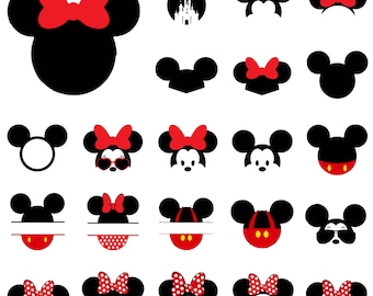 Uszy Myszki Minnie i Myszki Miki w kokardkach SVG, sylwetki głów w kropki, pliki PNG do projektów rękodzielniczych i Cricut, urocze wzory czerwonych kokardek, pobieranie cyfrowe