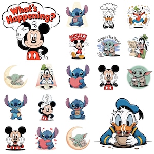 Cozy Cartoon Clipart Bundle, Grogu and Stitch with Cute Emotions, Mickey Expressions, Png for Print Projects