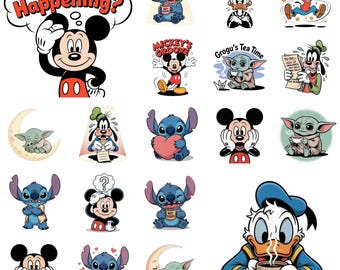 Paquete de imágenes prediseñadas de dibujos animados acogedores: Grogu y Stitch con emociones tiernas, expresiones de Mickey, PNG para proyectos de impresión