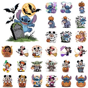 May include: A collection of Halloween-themed cartoon character illustrations. Featuring Stitch, Mickey and Minnie Mouse, Eeyore, and Baby Yoda in costumes. The designs include pumpkins, bats, and the text "Happy Halloween."