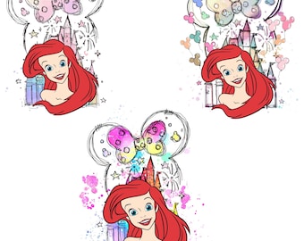 Zestaw clipartów Ariel z zamkiem i kokardą Minnie, rudowłosa księżniczka, cyfrowa grafika PNG do sublimacji, materiały do druku na imprezę z bajki, pobierz teraz
