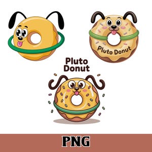 Puede incluir: Tres donuts de dibujos animados con rasgos de perro. Los donuts son amarillos y marrones con chispas y detalles verdes. El texto "Pluto Donut" es visible en un donut. La imagen tiene un fondo blanco con una parte inferior marrón.