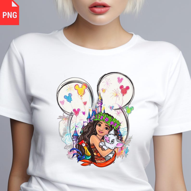 K&ouml;nnte beinhalten: Wei&szlig;es T-Shirt mit einem farbenfrohen Grafikdesign eines Disney-Charakters, der ein Schwein h&auml;lt, mit einer Burg und Ballons im Hintergrund. Das Design wird von einer Mickey-Mouse-Silhouette umrahmt.