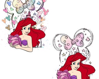 Pastelowy zamek Minnie z uszami Ariel, grafika cyfrowa Księżniczka z muszlą, słodka rudowłosa dziewczyna w formacie PNG do sublimacji i rękodzieła, natychmiastowe pobranie