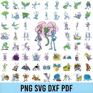 May include: A collection of cartoon ant illustrations in various poses and activities, in shades of blue, purple, and green. The image includes a central illustration of two ants holding a flower. The bottom of the image displays the text "PNG SVG DXF PDF".