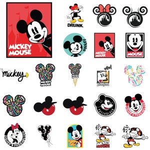 May include: A collection of Mickey Mouse-themed graphics. Designs include Mickey's face, ears, and the text "MICKEY MOUSE", "MOUSE", "Disneyland", and "Happy Day!". The images feature red, black, white, and yellow colors.