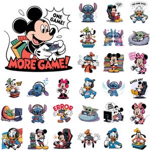 May include: A selection of vibrant cartoon stickers showcasing Disney characters such as Mickey Mouse, Stitch, and Baby Yoda. The stickers are gaming-themed, with phrases like "More Game!" and "Level Up!" in speech bubbles.