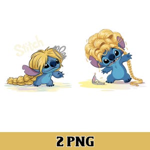 Könnte beinhalten: Zwei Cartoon-Bilder einer blauen Alien-Figur, die jeweils eine blonde Perücke und ein Diadem trägt. Ein Bild zeigt die Figur mit einem langen Zopf, das andere mit der schiefen Perücke. Das Wort "Stitch" ist in kursiver Schrift geschrieben. Der untere Teil des Bildes trägt den Text "2 PNG".