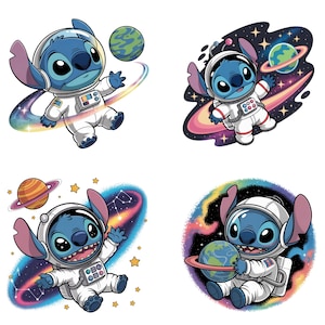 Könnte beinhalten: Vier Cartoon-Bilder von Stitch, einem blauen Alien-Charakter, in einem weißen Raumanzug mit Helm. Jedes Bild zeigt Stitch, der im Weltraum mit Planeten und farbenfrohen Nebeln schwebt. Die Bilder sind im Cartoon-Stil.