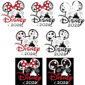 Pode incluir: Uma coleção de designs com tema Disney com orelhas do Mickey Mouse, laços, fogos de artifício e uma silhueta de castelo. A palavra "Disney" e o ano "2026" estão incluídos nos designs. A paleta de cores inclui vermelho, preto e branco.