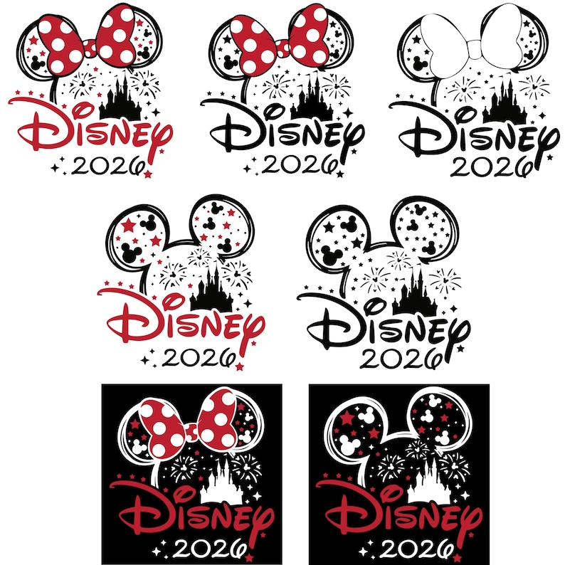 May include: A collection of Disney-themed designs featuring Mickey Mouse ears, bows, fireworks, and a castle silhouette. The word "Disney" and the year "2026" are included in the designs. The color palette includes red, black, and white.