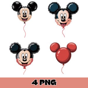 Op de afbeelding: Vier cartoonballonnen met het gezicht en de kop van Mickey Mouse. De ballonnen zijn zwart, rood en bruin, met rode touwtjes. De onderkant van de afbeelding heeft de tekst "4 PNG" in zwart.