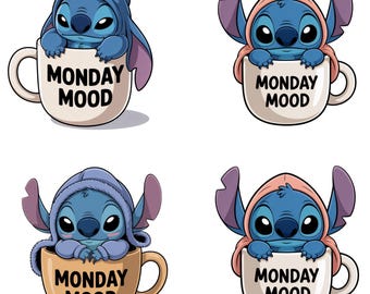 Paquete PNG de Stitch con el estado de ánimo del lunes, imágenes prediseñadas de Stitch en una taza de café, divertidos archivos PNG de Stitch para proyectos de Cricut