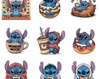 Paquete de imágenes PNG de Stitch Coffee, divertido conjunto de imágenes prediseñadas de cumpleaños "Hoy no", arte de taza acogedor con ambiente de lunes para camisetas, tazas y pegatinas, descarga digital