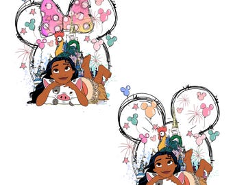 Moana Minnie Ears Png, Cute Moana with Pua and Hei Hei, Castle Fireworks Digital Download, Sublimation Clipart Png