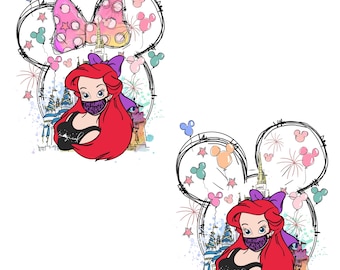 Grafika wektorowa maski Ariel, rudowłosa księżniczka z zamkiem i fajerwerkami w formacie PNG, fioletowa kokardka z magiczną dziewczyną do sublimacji, natychmiastowe pobranie