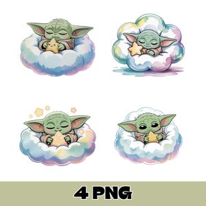 Puede incluir: Cuatro imágenes de un personaje alienígena verde, cada uno sobre una nube esponjosa de color pastel, sosteniendo una estrella amarilla. El texto "4 PNG" está en la parte inferior. Las imágenes son de estilo caricatura.