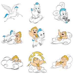 Baby Hercules und Pegasus Clipart, süße Baby PNG-Dateien für Wolken Thema Handwerk, mythische Charakter Kunst, digitaler Download