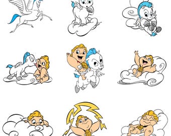 Clipart de bebé Hércules y Pegaso, lindos archivos PNG de bebé rayo para manualidades con temática de nubes, arte de personajes míticos, descarga digital