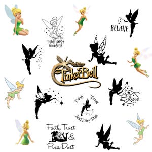 May include: A selection of Tinker Bell-themed graphics. The image features illustrations of Tinker Bell in green dresses, along with silhouettes and text elements including "Believe", "Think Happy Thoughts", and "Faith, Trust & Pixie Dust".