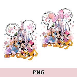 May include: Two colorful illustrations featuring Disney characters, including Mickey and Minnie Mouse, Donald and Daisy Duck, Goofy, and Pluto, in front of a castle. The images are set within Mickey Mouse ear outlines, with fireworks and hearts. The word "PNG" is at the bottom.