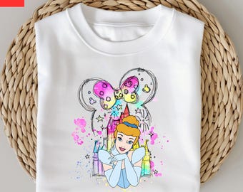 Watercolor Castle with Cinderella and Minnie Ears Bow Png, Magical Princess Clipart for Sublimation, Instant Digital Download