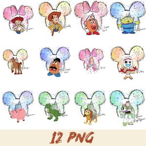 May include: Twelve PNG images featuring Disney's Toy Story characters inside Mickey Mouse ear silhouettes. Characters include Woody, Buzz Lightyear, Jessie, and others. Each design has a watercolor effect with a bow or fireworks. The text "12 PNG" is at the bottom.