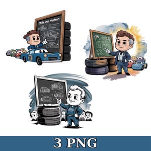 May include: A digital illustration featuring three scenes of a cartoon character in a suit, standing near a chalkboard and tires, with race cars. The chalkboard displays car designs and racing flags. The text "Chibi Doc Hudson" is visible.