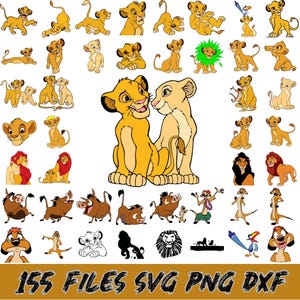 Può includere: Una collezione di illustrazioni di cartoni animati con personaggi de Il Re Leone. Le immagini includono Simba, Nala, Timon, Pumbaa e altri personaggi in varie pose. Il testo in basso recita "155 FILES SVG PNG DXF".