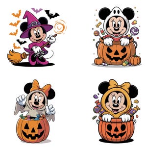 Può includere: Quattro immagini di cartoni animati di Minnie Mouse in costumi di Halloween. Un'immagine mostra Minnie come una strega con un cappello viola e una scopa. Altre immagini mostrano Minnie in costume da fantasma e due costumi da zucca, circondata da caramelle.