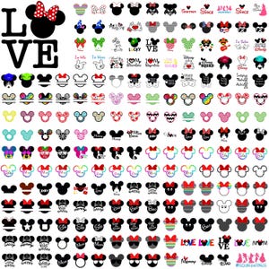 Puede incluir: Una colección de varios diseños de cabezas de Mickey y Minnie Mouse. Los diseños incluyen lazos, gafas de sol y texto como "Love", "Lucky" y "Mommy". La paleta de colores incluye rojo, negro y varios patrones.