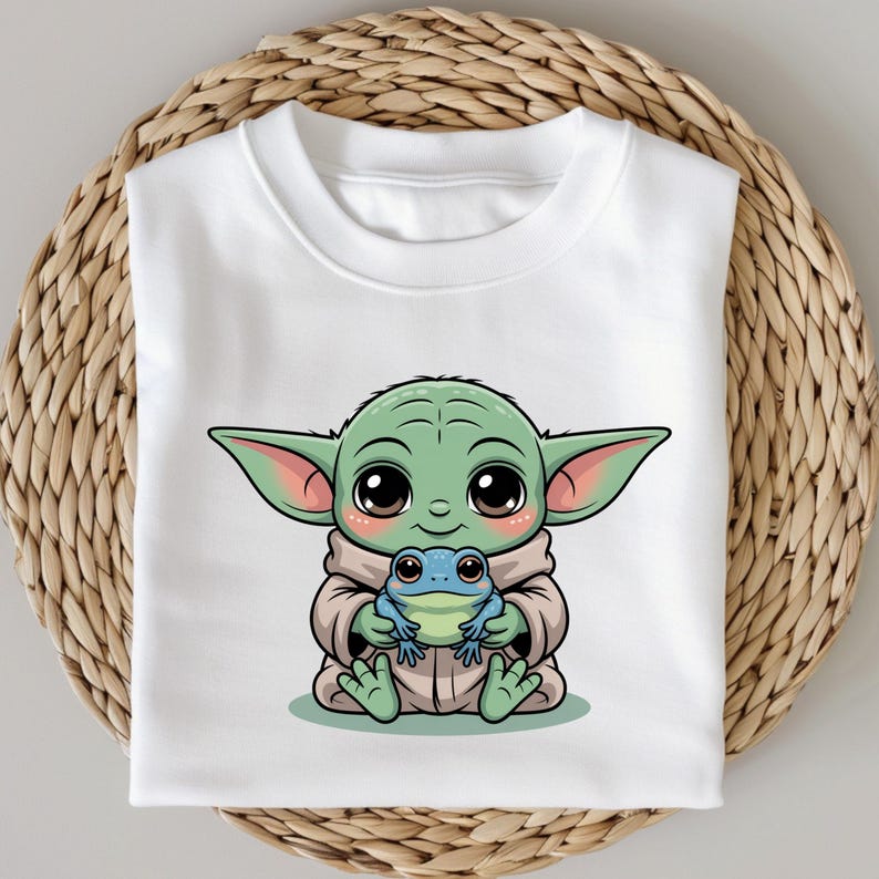 May include: White sweatshirt featuring a cartoon character with large eyes, green skin, and large ears, holding a blue and green frog. The character is wearing a tan robe. The sweatshirt is folded on a woven, circular surface.