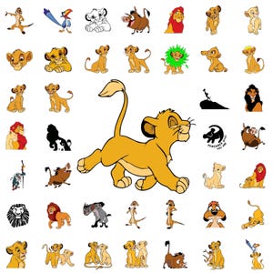 May include: A selection of cartoon images featuring characters from "The Lion King." The images include Simba, Timon, Pumbaa, and other characters in various poses and styles. The colour palette is primarily yellow, brown, and orange.