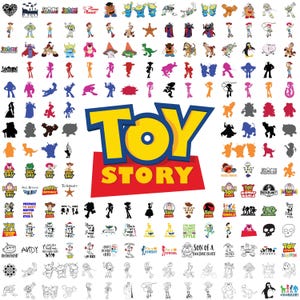 May include: A selection of Toy Story-themed graphics and logos. The image includes character silhouettes, logos, and phrases from the animated film. The central design element is the iconic "Toy Story" logo in yellow, blue, and red.
