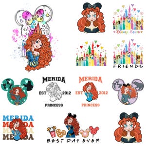 May include: Collection of Merida-themed graphics. Designs include Merida with a castle, in a Mickey Mouse ear silhouette, and with text like "Princess", "Best Day Ever", "Disney Squad", and "Friends".