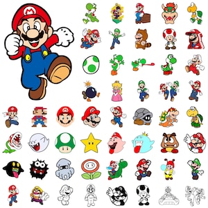 May include: A collection of colorful Mario Bros. character stickers. The stickers feature various characters, including Mario, Luigi, Yoshi, and Bowser, in a variety of poses and designs. The stickers are perfect for decorating laptops, notebooks, or other items.