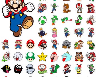 Super Mario SVG, Gamer PNG Design Bundle with Luigi Yoshi Peach Toad, Retro Nintendo Clipart Set for Kids Party Decor, Digital Download
