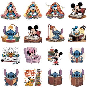Könnte beinhalten: Eine Sammlung von Cartoon-Illustrationen mit Disney-Charakteren wie Mickey Mouse, Donald Duck, Minnie Mouse und Stitch. Die Charaktere werden beim Lesen von Büchern, Schreiben oder umgeben von Bücherstapeln dargestellt. Die Farbpalette umfasst Blau-, Rot- und Gelbtöne.