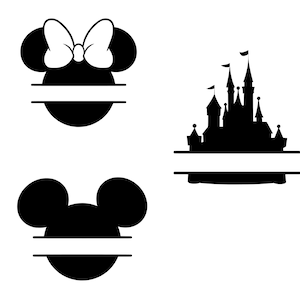 May include: Black and white silhouette designs featuring Mickey Mouse ears, Minnie Mouse ears with a bow, and a castle. Each design includes a horizontal bar for personalization. Ideal for crafting projects or themed decorations.